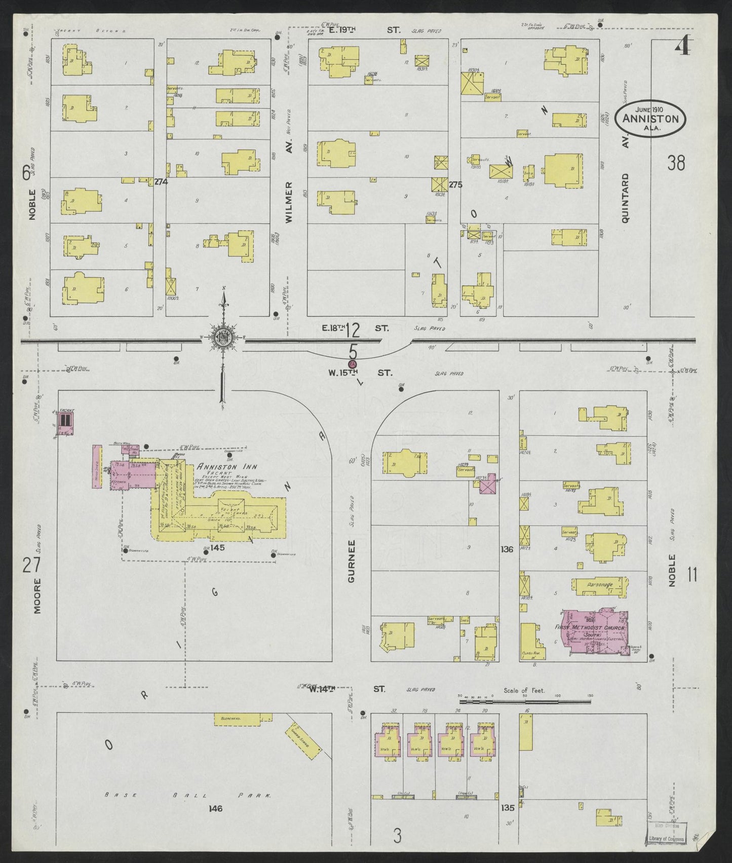 Sanborn Fire Insurance Map from Anniston, Calhoun County, Alabama (1910), Sheet #0004 - Historic Sanborn Fire Insurance Map Print, vintage old map wall art, antique decor, genealogy gift, Alabama Alabama map
