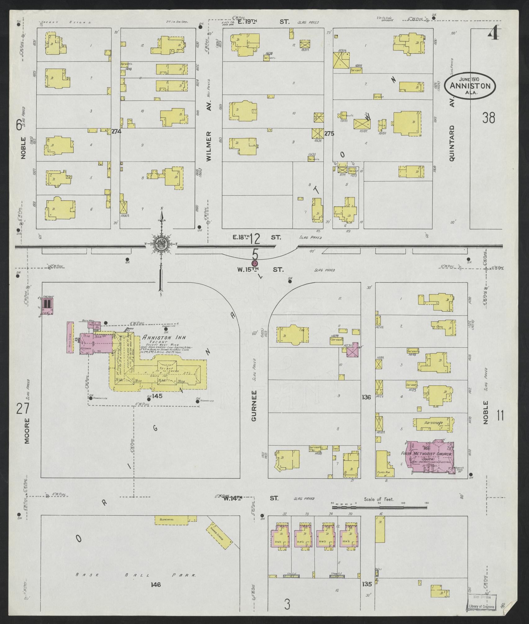 Sanborn Fire Insurance Map from Anniston, Calhoun County, Alabama (1910), Sheet #0004 - Historic Sanborn Fire Insurance Map Print, vintage old map wall art, antique decor, genealogy gift, Alabama Alabama map
