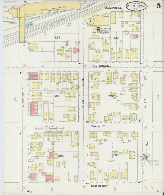 Sanborn Fire Insurance Map from Wilmington, New Hanover County, North Carolina (1893), Sheet #0005 - Historic Sanborn Fire Insurance Map Print, vintage old map wall art, antique decor, genealogy gift, North Carolina North Carolina map
