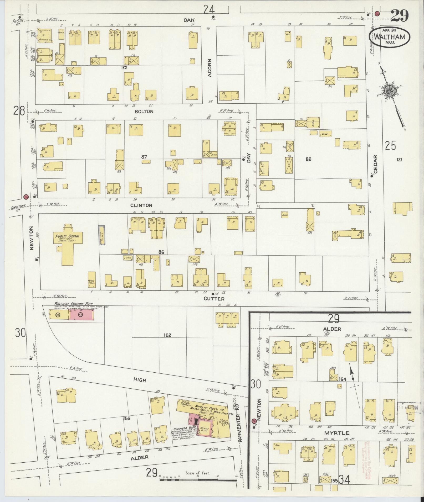 Sanborn Fire Insurance Map from Waltham, Middlesex County, Massachusetts (1911), Sheet #0029 - Complete Map Set gallery image, historic Sanborn map, vintage wall art, Massachusetts Massachusetts