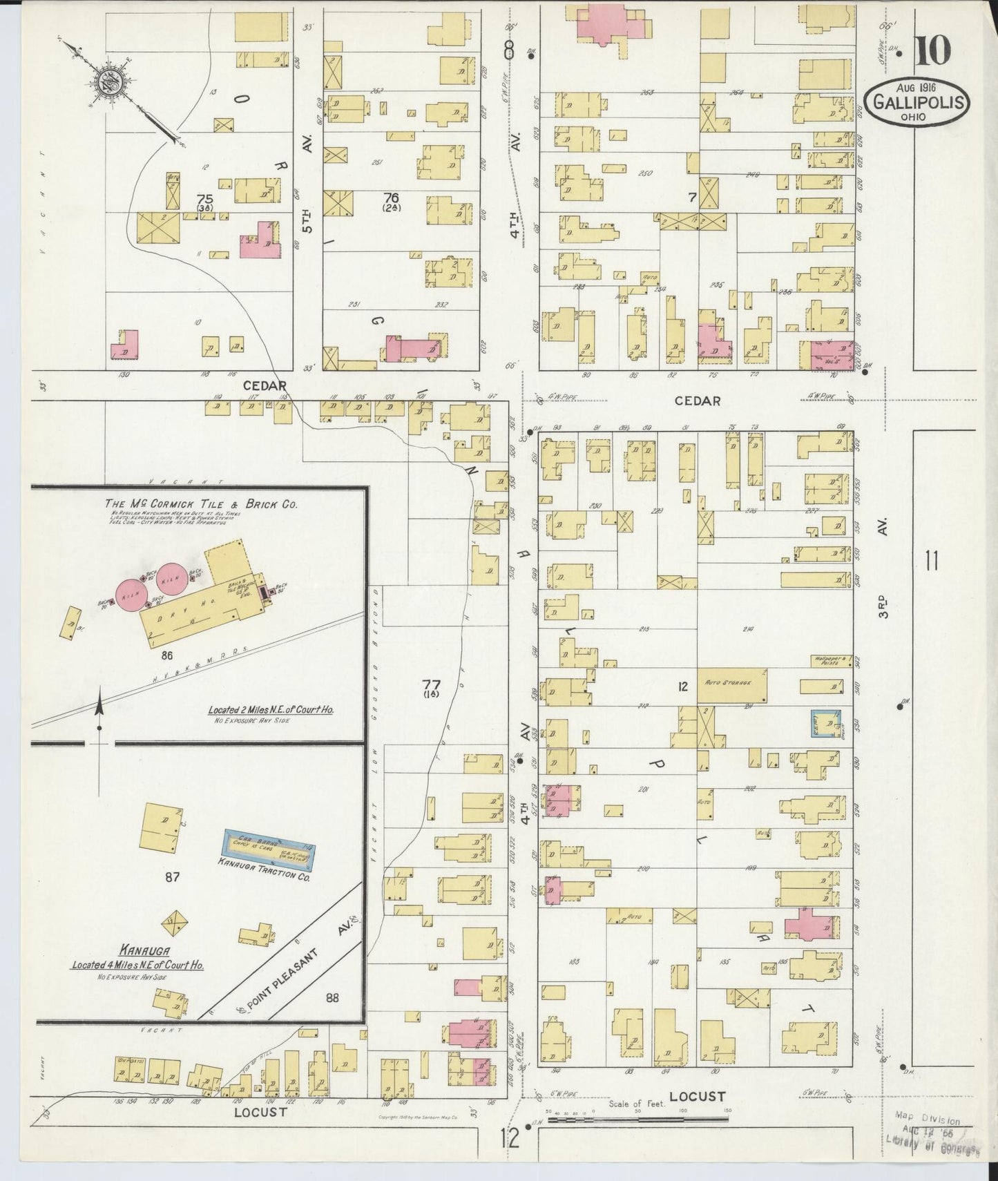 Sanborn Fire Insurance Map from Gallipolis, Gallia County, Ohio (1916), Sheet #0010 - Historic Sanborn Fire Insurance Map Print, vintage old map wall art, antique decor, genealogy gift, Ohio Ohio map