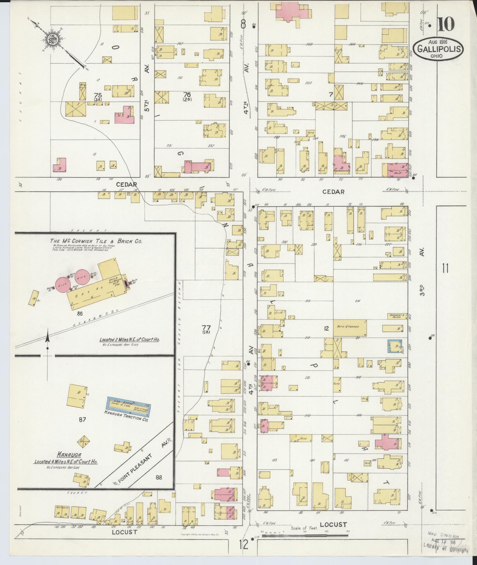 Sanborn Fire Insurance Map from Gallipolis, Gallia County, Ohio (1916), Sheet #0010 - Historic Sanborn Fire Insurance Map Print, vintage old map wall art, antique decor, genealogy gift, Ohio Ohio map