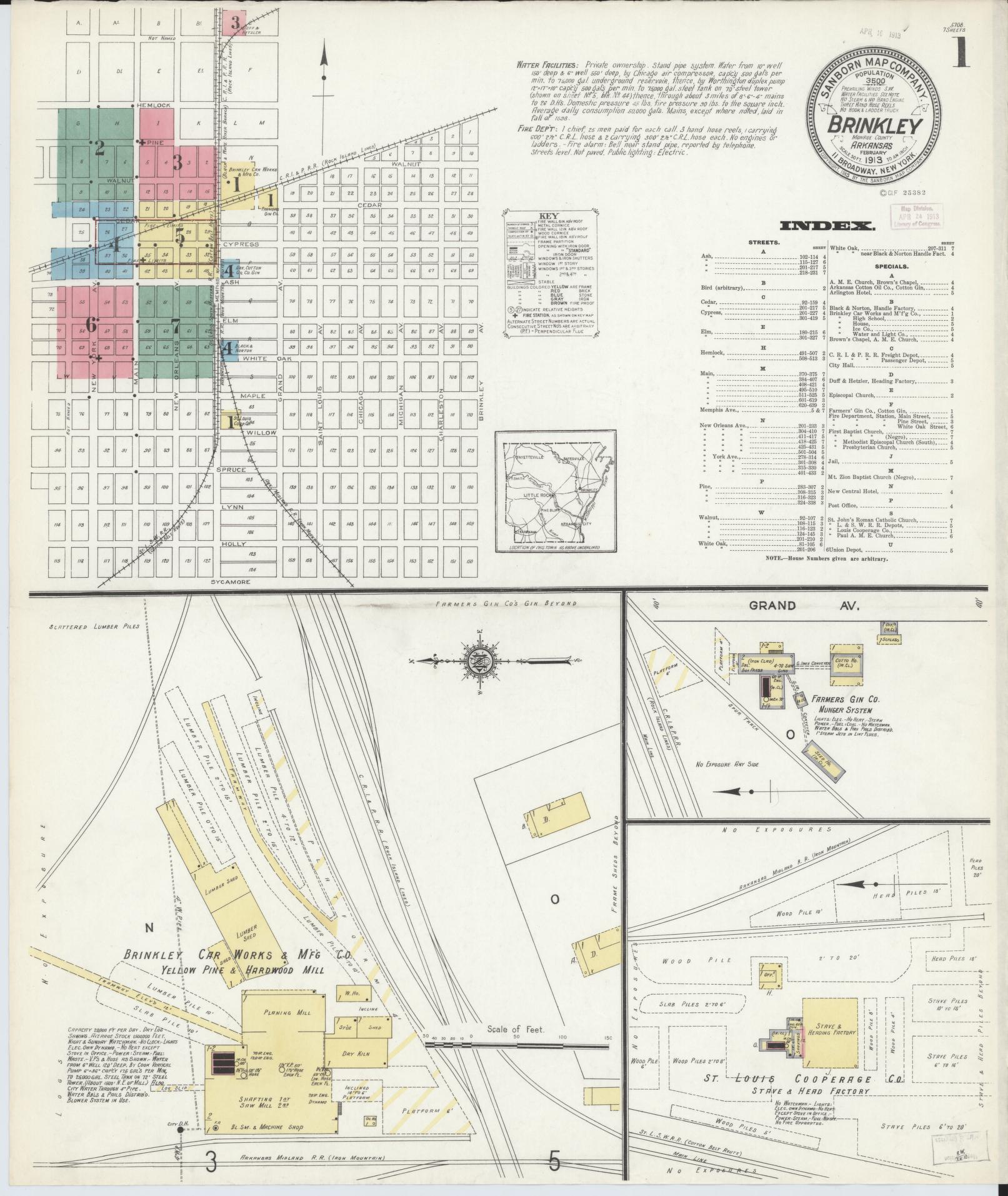 Sanborn Fire Insurance Map from Brinkley, Monroe County, Arkansas (1913), Sheet #0001 - Historic Sanborn Fire Insurance Map Print, vintage old map wall art, antique decor, genealogy gift, Arkansas Arkansas map