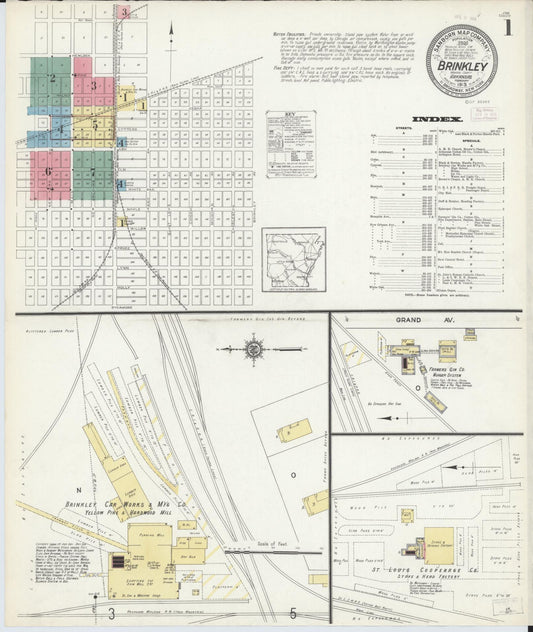 Sanborn Fire Insurance Map from Brinkley, Monroe County, Arkansas (1913), Sheet #0001 - Historic Sanborn Fire Insurance Map Print, vintage old map wall art, antique decor, genealogy gift, Arkansas Arkansas map