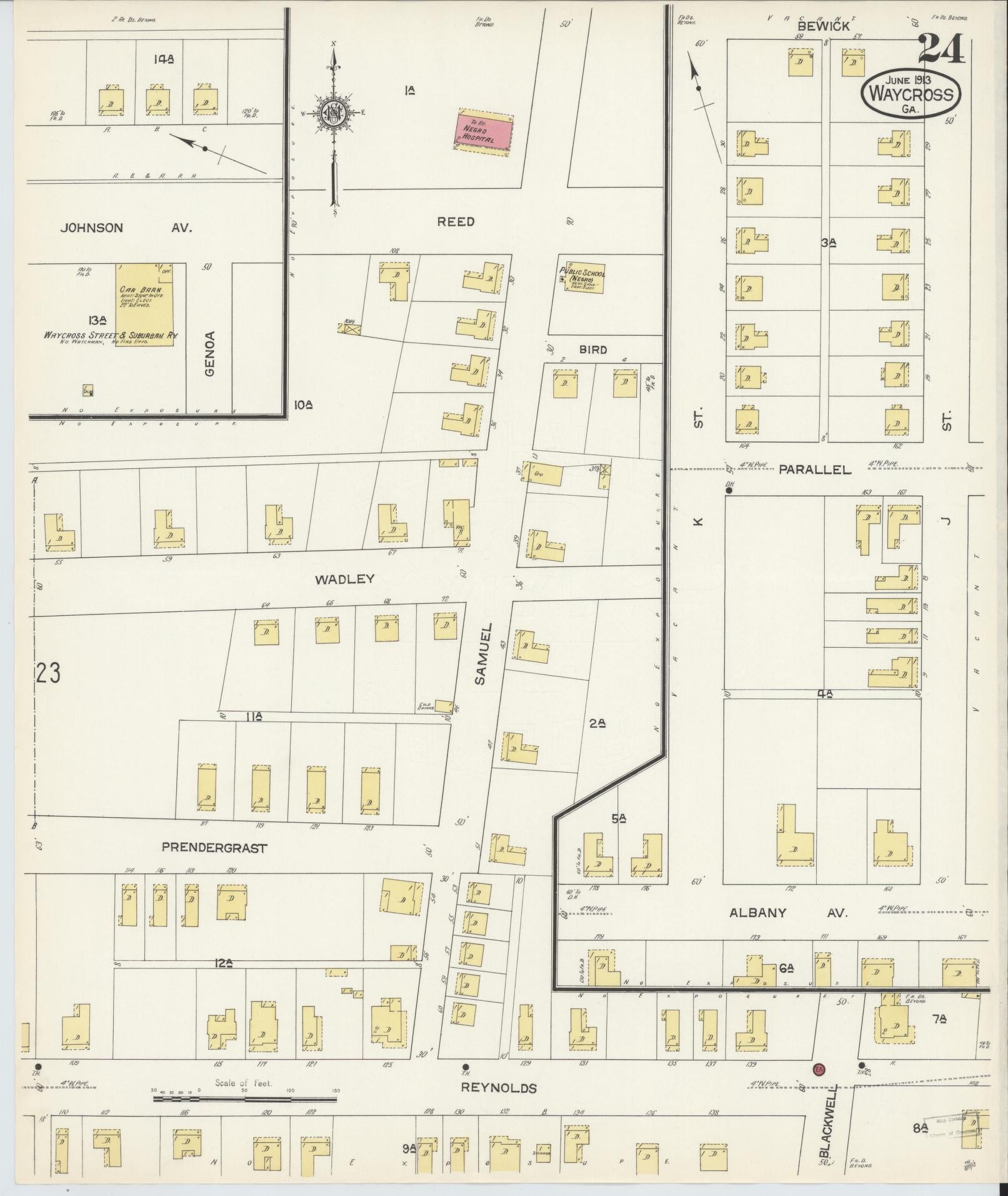 Sanborn Fire Insurance Map from Waycross, Ware County, Georgia (1913), Sheet #0024 - Historic Sanborn Fire Insurance Map Print, vintage old map wall art, antique decor, genealogy gift, Georgia Georgia map