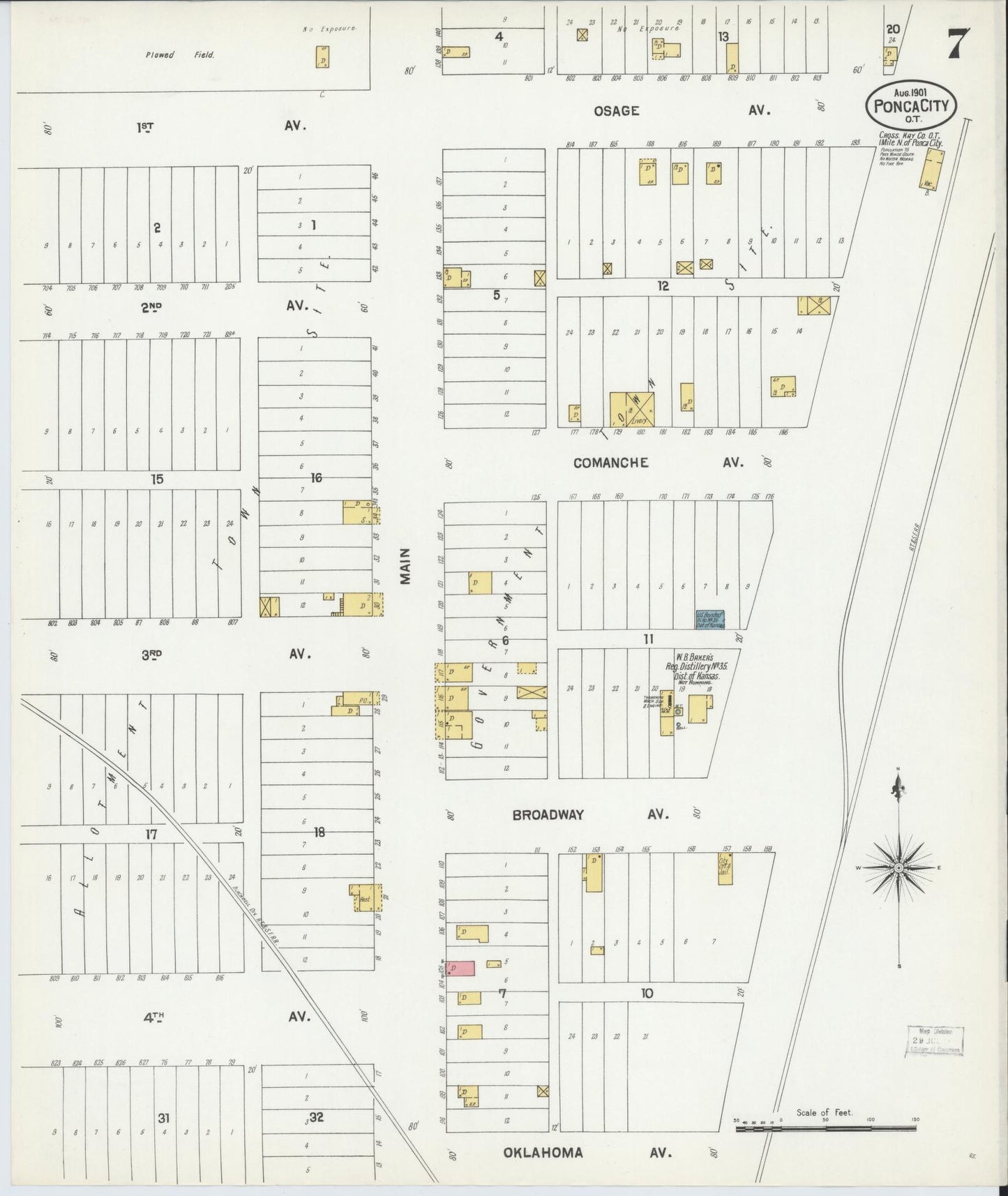 Sanborn Fire Insurance Map from Ponca City, Kay County, Oklahoma (1901), Sheet #0007 - Complete Map Set gallery image, historic Sanborn map, vintage wall art, Oklahoma Oklahoma