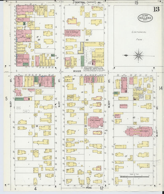 Sanborn Fire Insurance Map from Holland, Ottawa County, Michigan (1902), Sheet #0013 - Historic Sanborn Fire Insurance Map Print, vintage old map wall art, antique decor, genealogy gift, Michigan Michigan map