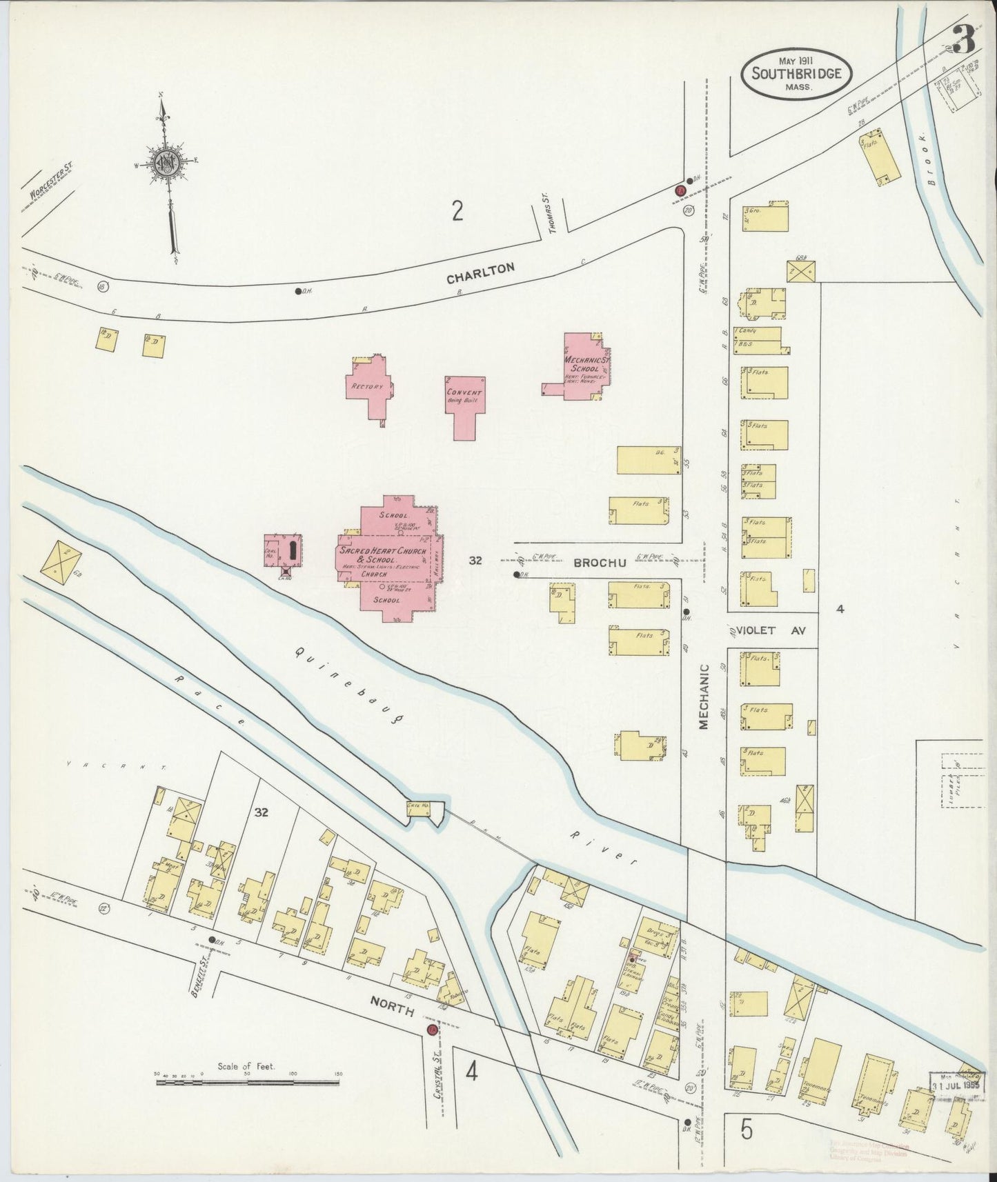 Sanborn Fire Insurance Map from Southbridge, Worcester County, Massachusetts (1911), Sheet #0003 - Historic Sanborn Fire Insurance Map Print, vintage old map wall art, antique decor, genealogy gift, Massachusetts Massachusetts map