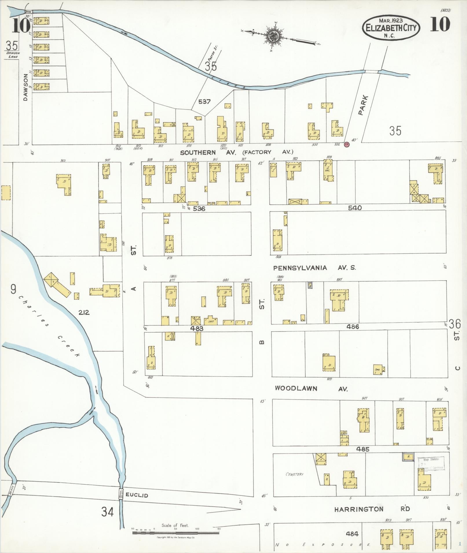 Sanborn Fire Insurance Map from Elizabeth City, Pasquotank County, North Carolina (1923), Sheet #0010 - Historic Sanborn Fire Insurance Map Print, vintage old map wall art, antique decor, genealogy gift, North Carolina North Carolina map