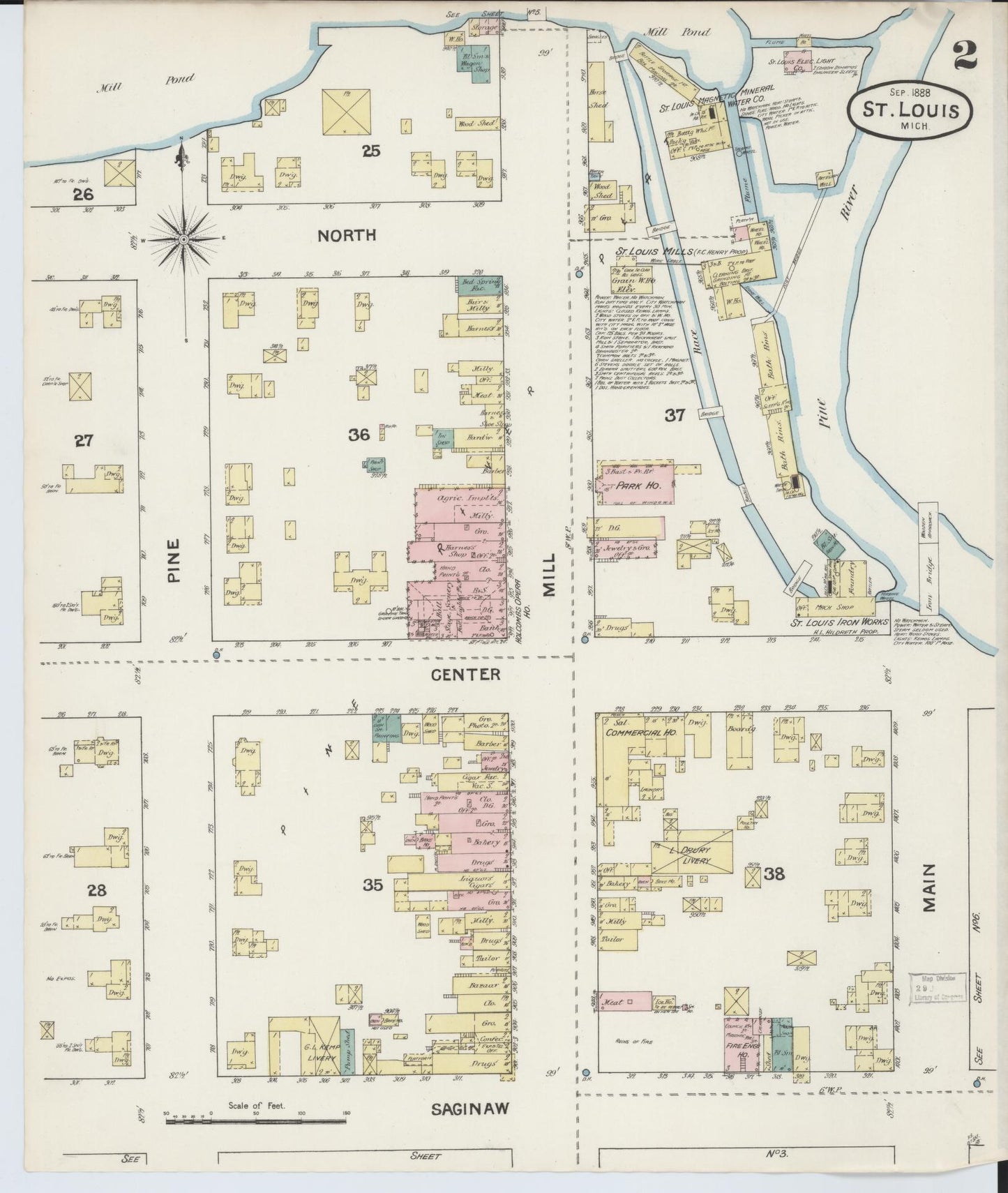 Sanborn Fire Insurance Map from Saint Louis, Gratiot County, Michigan (1888), Sheet #0002 - Complete Map Set gallery image, historic Sanborn map, vintage wall art, Michigan Michigan