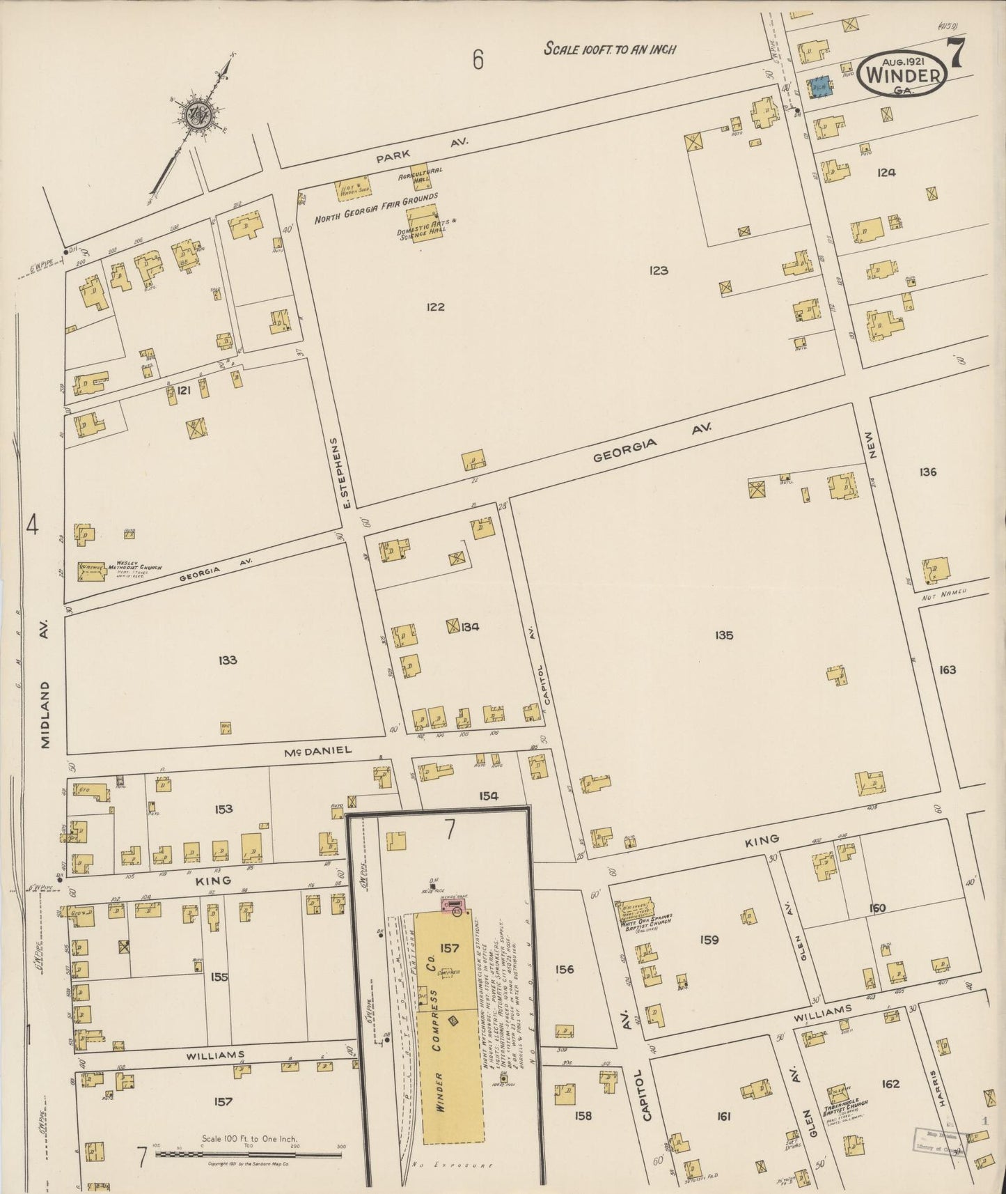 Sanborn Fire Insurance Map from Winder, Barrow County, Georgia (1921), Sheet #0007 - Historic Sanborn Fire Insurance Map Print, vintage old map wall art, antique decor, genealogy gift, Georgia Georgia map