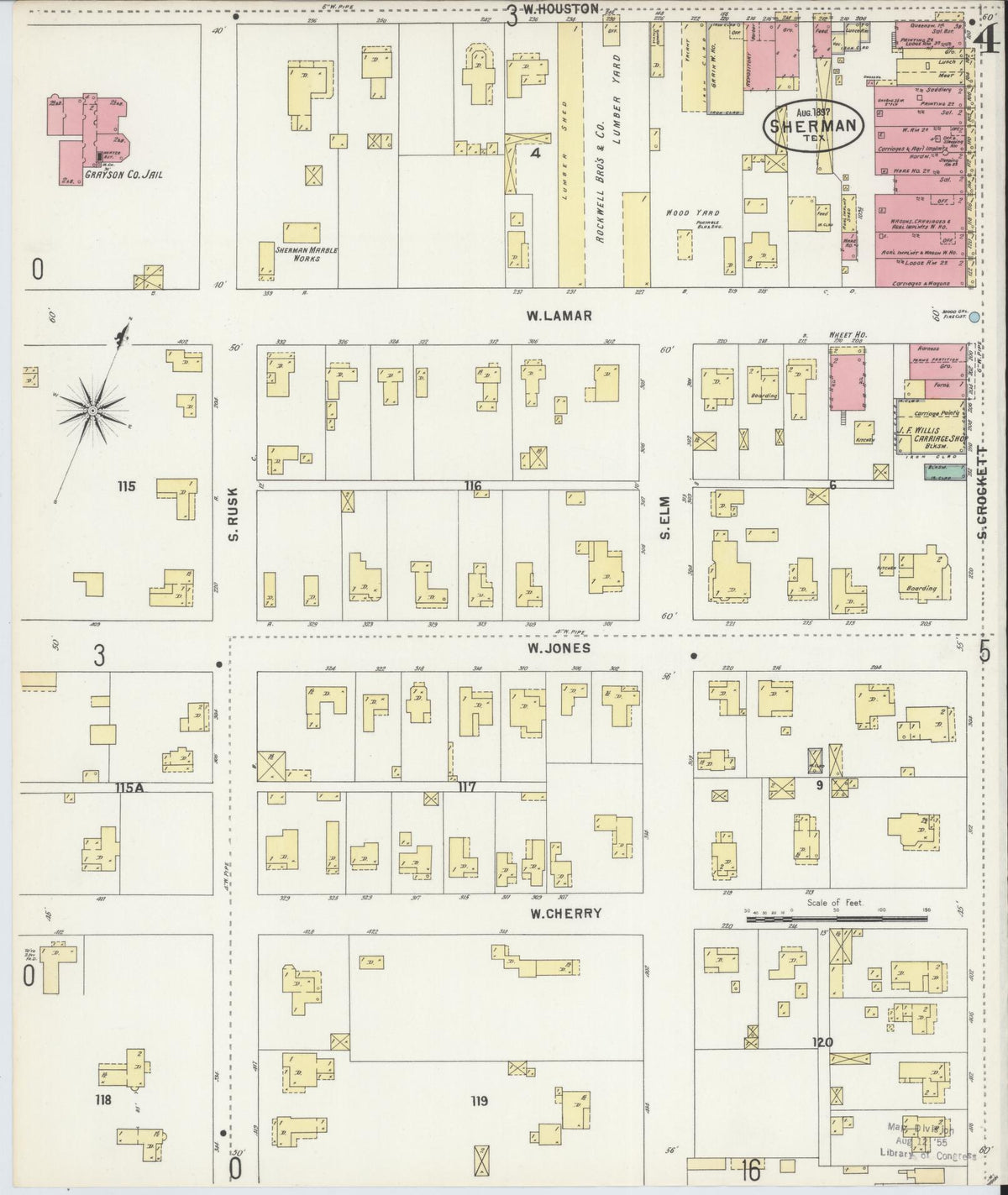 Sanborn Fire Insurance Map from Sherman, Grayson County, Texas (1897), Sheet #0004 - Complete Map Set gallery image, historic Sanborn map, vintage wall art, Texas Texas
