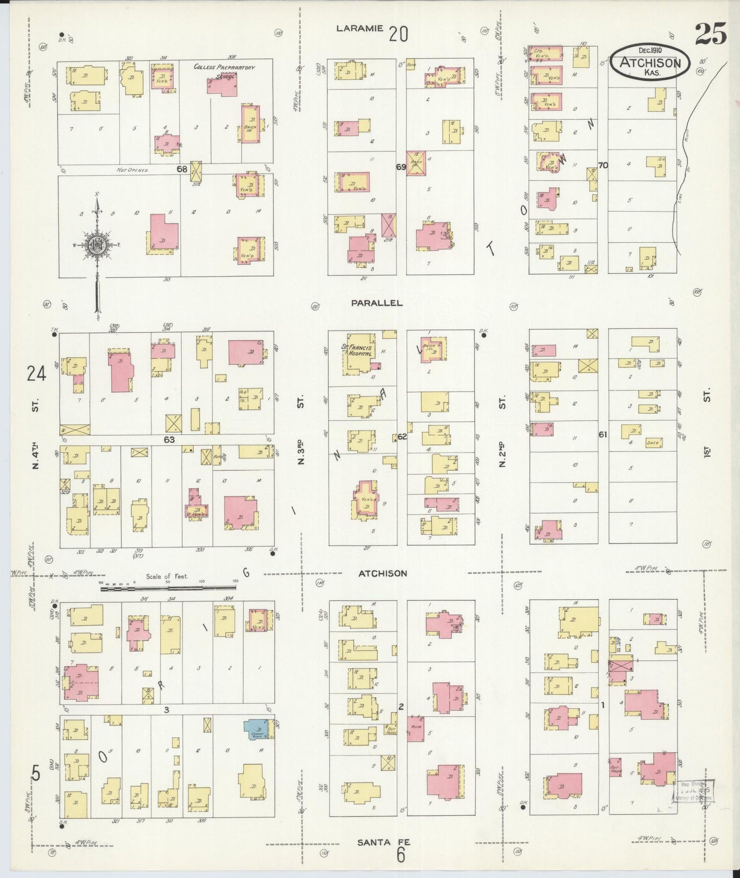 Sanborn Fire Insurance Map from Atchison, Atchison County, Kansas (1910), Sheet #0025 - Historic Sanborn Fire Insurance Map Print, vintage old map wall art, antique decor, genealogy gift, Kansas Kansas map