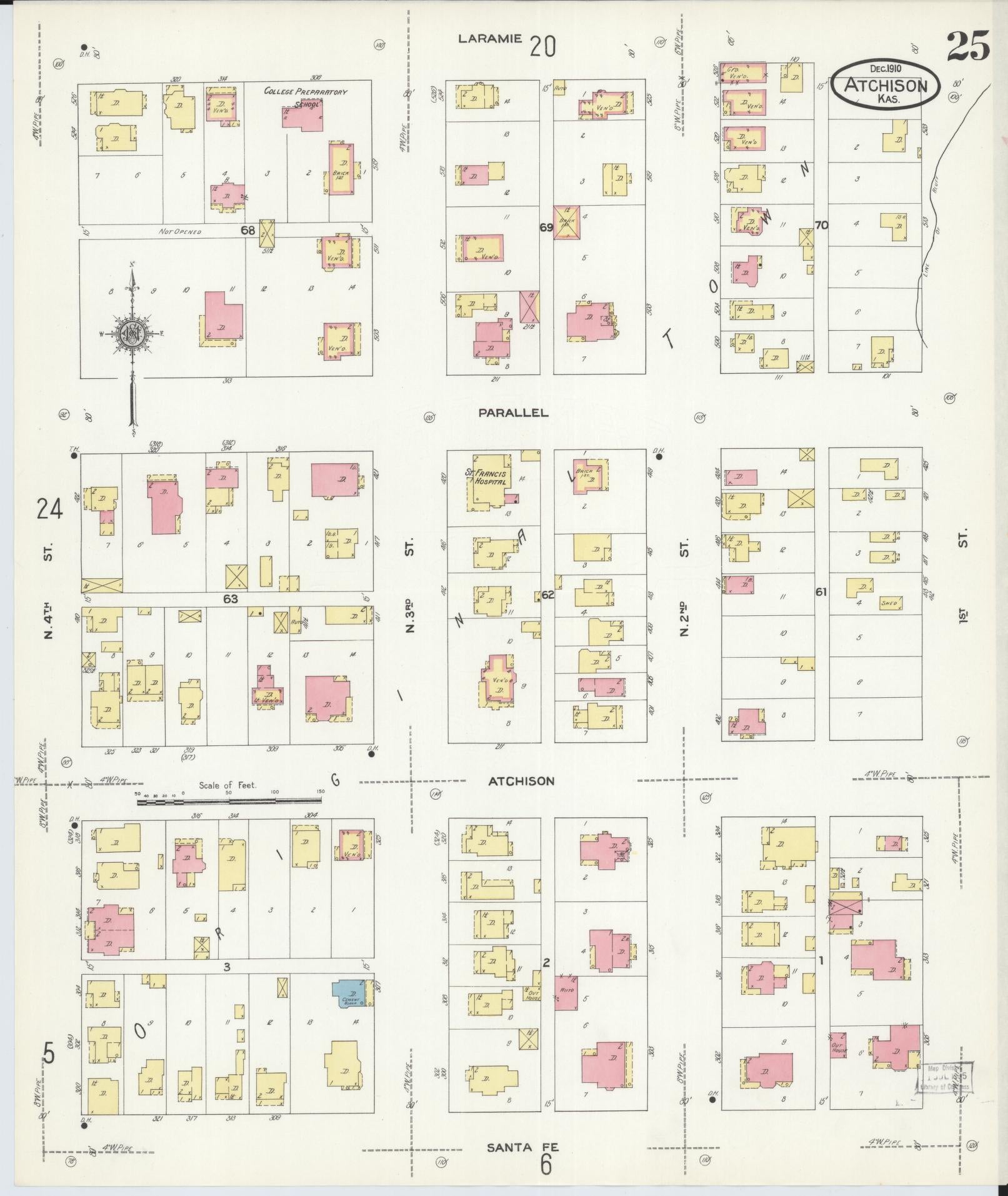 Sanborn Fire Insurance Map from Atchison, Atchison County, Kansas (1910), Sheet #0025 - Historic Sanborn Fire Insurance Map Print, vintage old map wall art, antique decor, genealogy gift, Kansas Kansas map