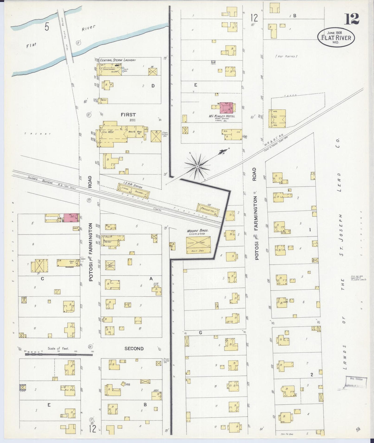 Sanborn Fire Insurance Map from Flat River, Saint Francois County, Missouri (1908), Sheet #0012 - Complete Map Set gallery image, historic Sanborn map, vintage wall art, Missouri Missouri