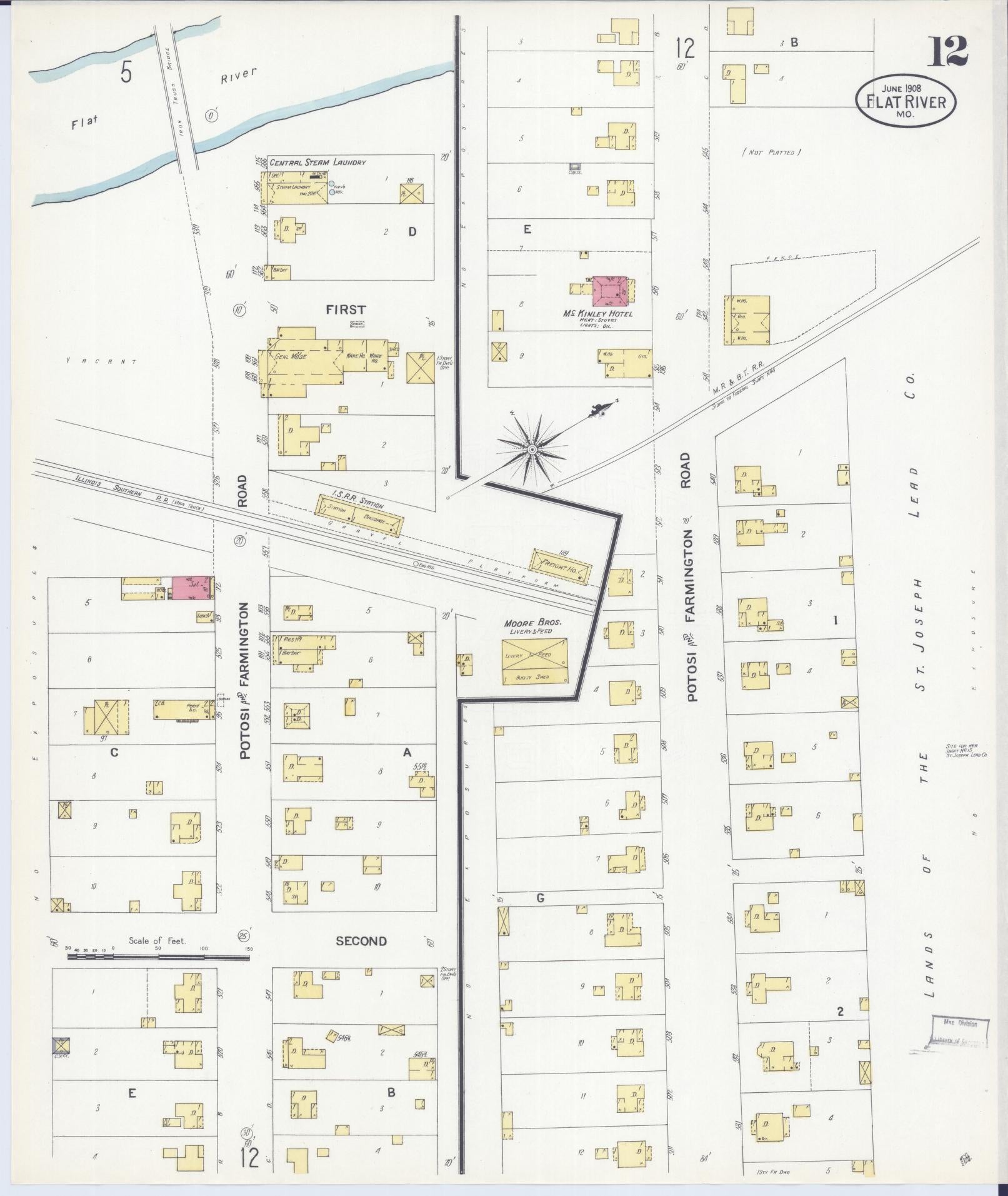 Sanborn Fire Insurance Map from Flat River, Saint Francois County, Missouri (1908), Sheet #0012 - Complete Map Set gallery image, historic Sanborn map, vintage wall art, Missouri Missouri