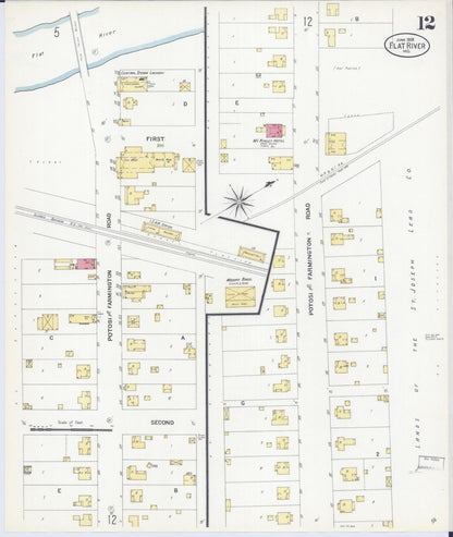 Sanborn Fire Insurance Map from Flat River, Saint Francois County, Missouri (1908), Sheet #0012 - Complete Map Set gallery image, historic Sanborn map, vintage wall art, Missouri Missouri