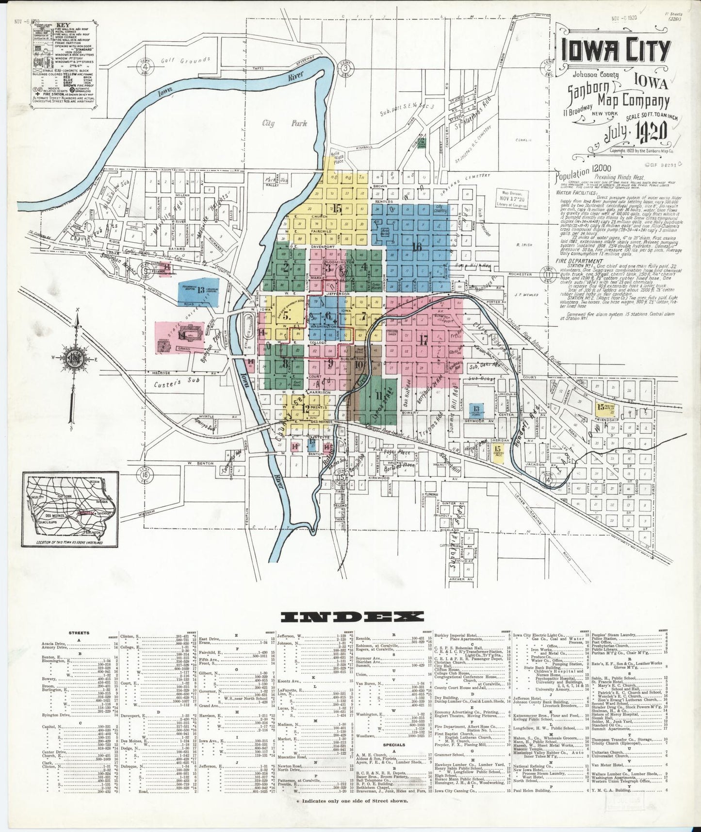 Sanborn Fire Insurance Map from Iowa City, Johnson County, Iowa (1920), Sheet #0001 - Historic Sanborn Fire Insurance Map Print, vintage old map wall art