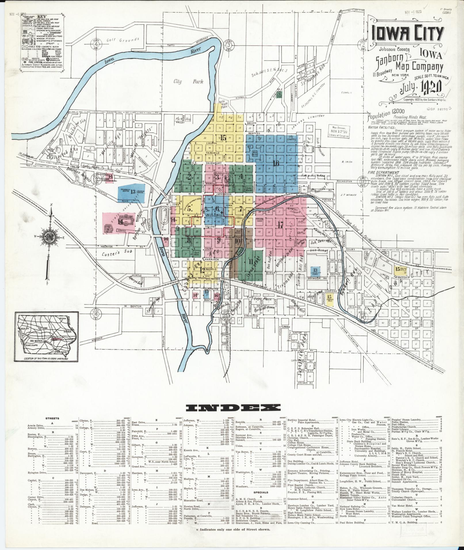 Sanborn Fire Insurance Map from Iowa City, Johnson County, Iowa (1920), Sheet #0001 - Historic Sanborn Fire Insurance Map Print, vintage old map wall art