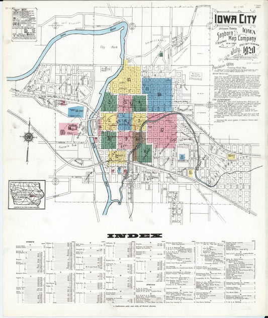 Sanborn Fire Insurance Map from Iowa City, Johnson County, Iowa (1920), Sheet #0001 - Historic Sanborn Fire Insurance Map Print, vintage old map wall art