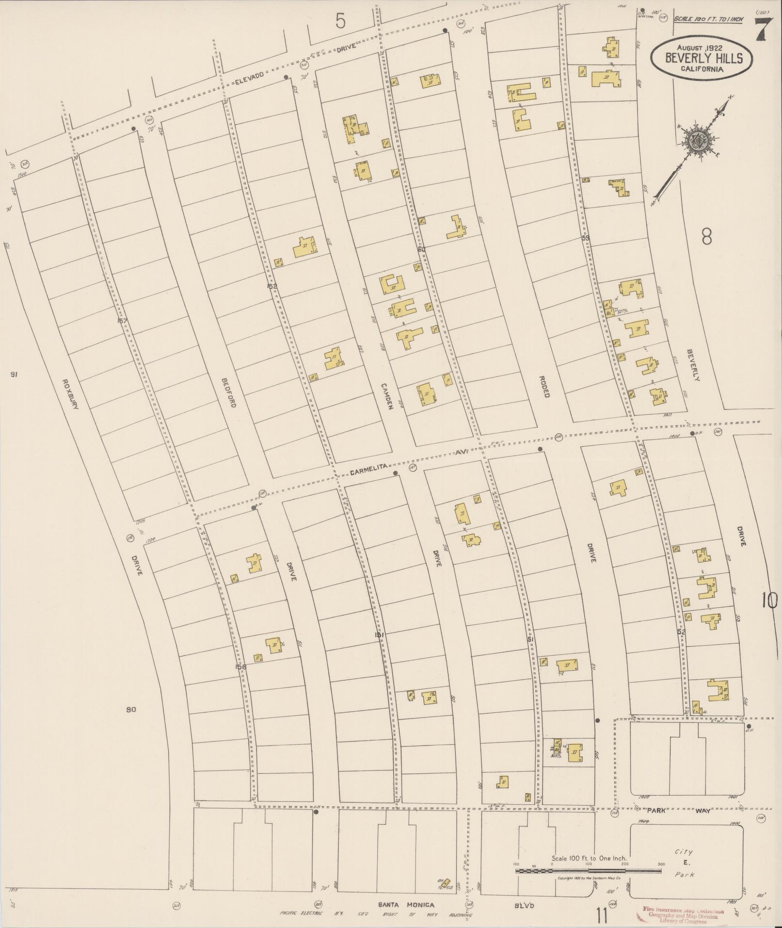 Sanborn Fire Insurance Map from Beverly Hills, Los Angeles County, California (1922), Sheet #0007 - Historic Sanborn Fire Insurance Map Print, vintage old map wall art, antique decor, genealogy gift, California California map