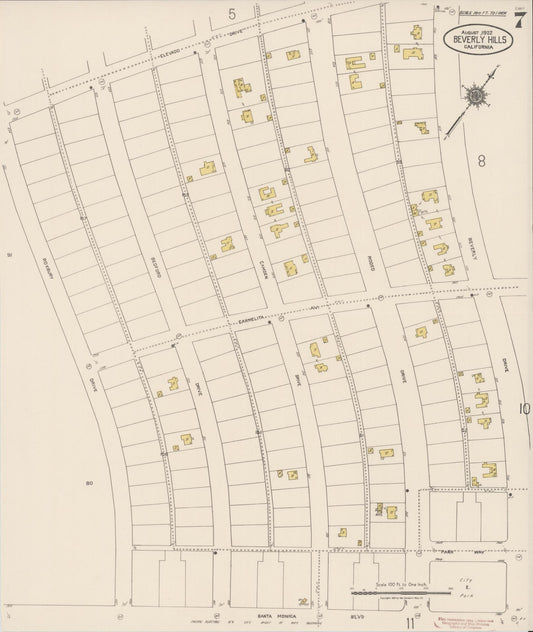 Sanborn Fire Insurance Map from Beverly Hills, Los Angeles County, California (1922), Sheet #0007 - Historic Sanborn Fire Insurance Map Print, vintage old map wall art, antique decor, genealogy gift, California California map