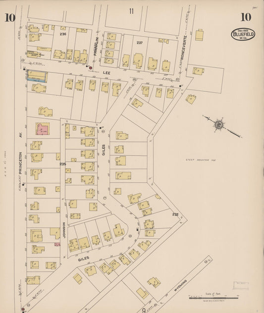 Sanborn Fire Insurance Map from Bluefield, Mercer County, West Virginia (1922), Sheet #0010 - Historic Sanborn Fire Insurance Map Print, vintage old map wall art, antique decor, genealogy gift, West Virginia West Virginia map
