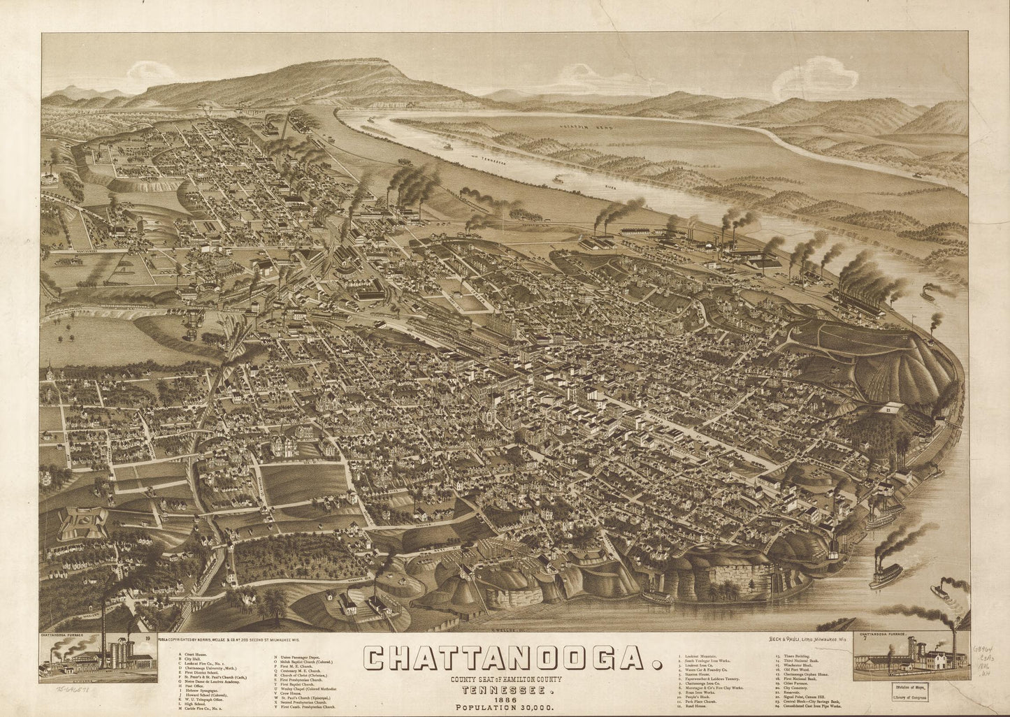 Chattanooga, county seat of Hamilton County, Tennessee 1886. (1886) – Historic Bird’s-Eye View Panorama Print