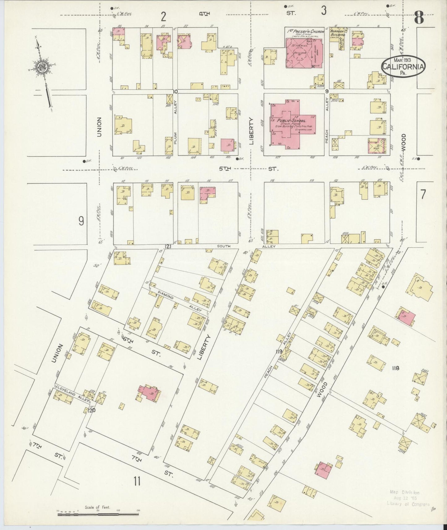Sanborn Fire Insurance Map from California, Washington County, Pennsylvania (1913), Sheet #0008 - Complete Map Set gallery image, historic Sanborn map, vintage wall art, California California