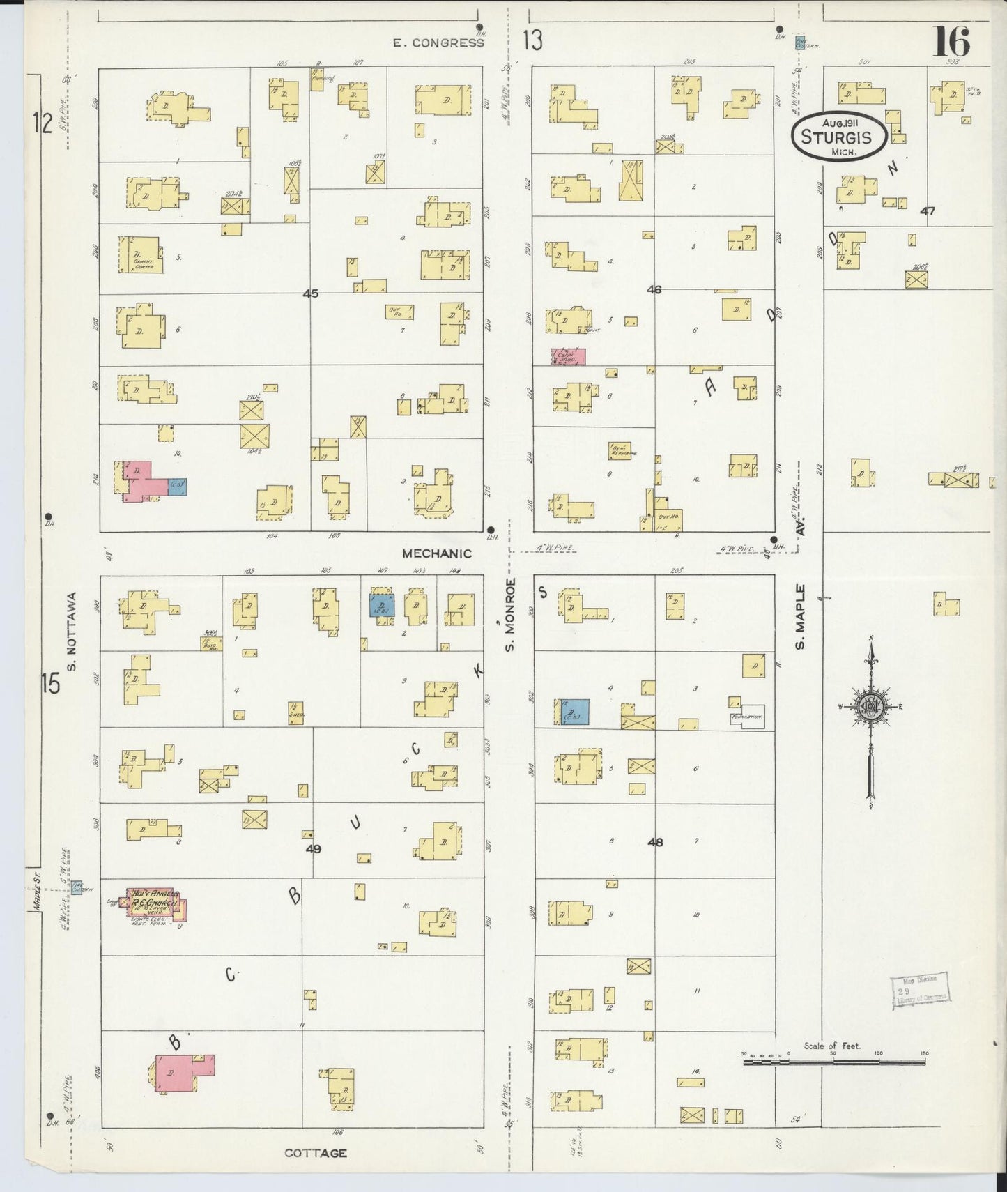 Sanborn Fire Insurance Map from Sturgis, Saint Joseph County, Michigan (1911), Sheet #0016 - Historic Sanborn Fire Insurance Map Print, vintage old map wall art, antique decor, genealogy gift, Michigan Michigan map