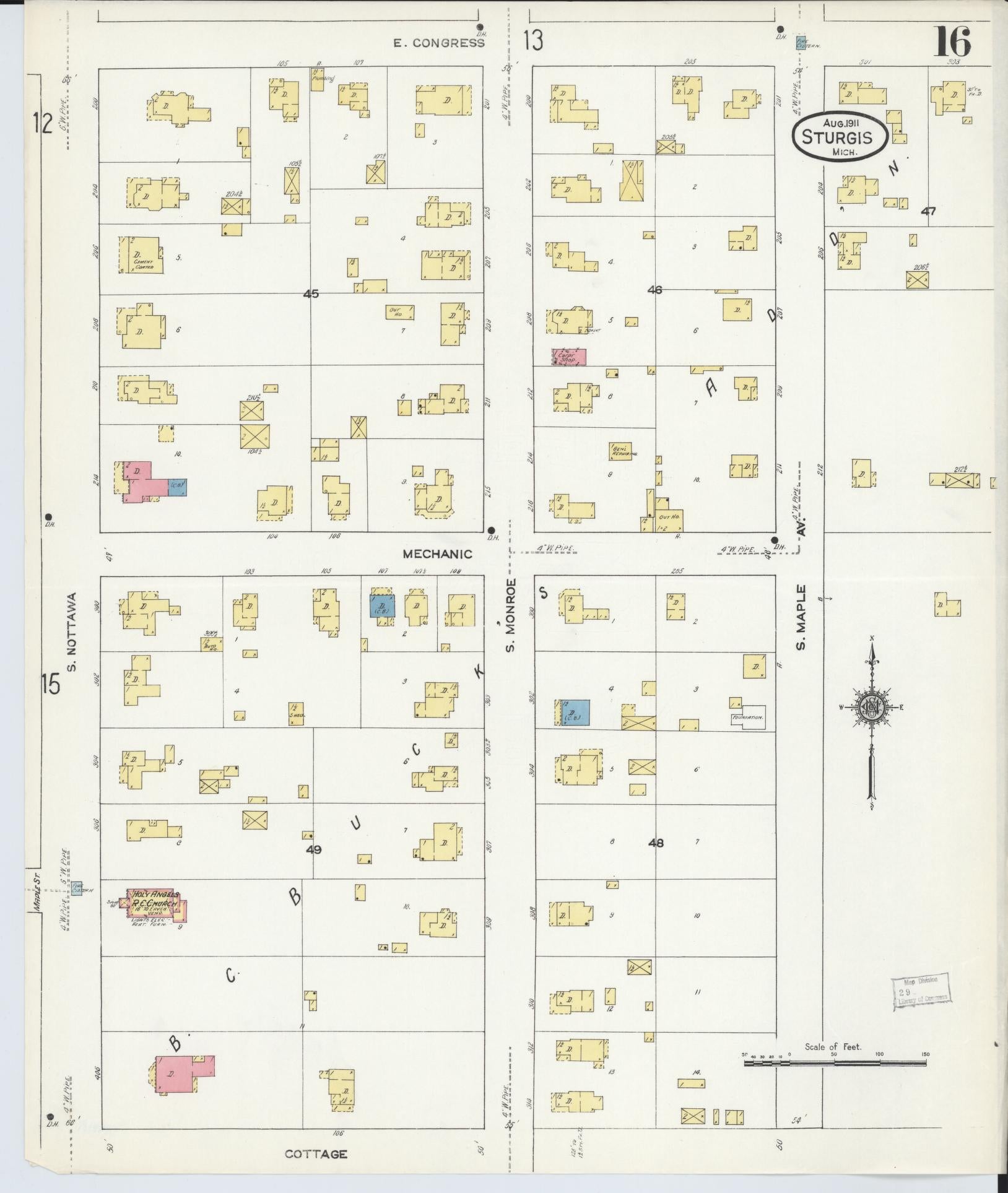 Sanborn Fire Insurance Map from Sturgis, Saint Joseph County, Michigan (1911), Sheet #0016 - Historic Sanborn Fire Insurance Map Print, vintage old map wall art, antique decor, genealogy gift, Michigan Michigan map