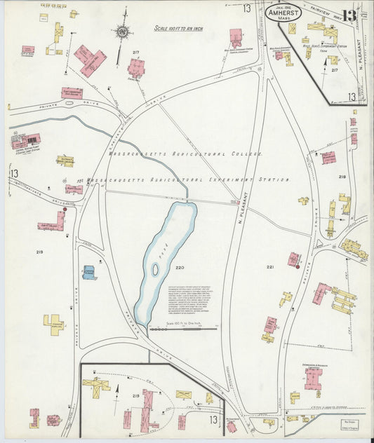 Sanborn Fire Insurance Map from Amherst, Hampshire County, Massachusetts (1916), Sheet #0013 - Historic Sanborn Fire Insurance Map Print, vintage old map wall art, antique decor, genealogy gift, Massachusetts Massachusetts map