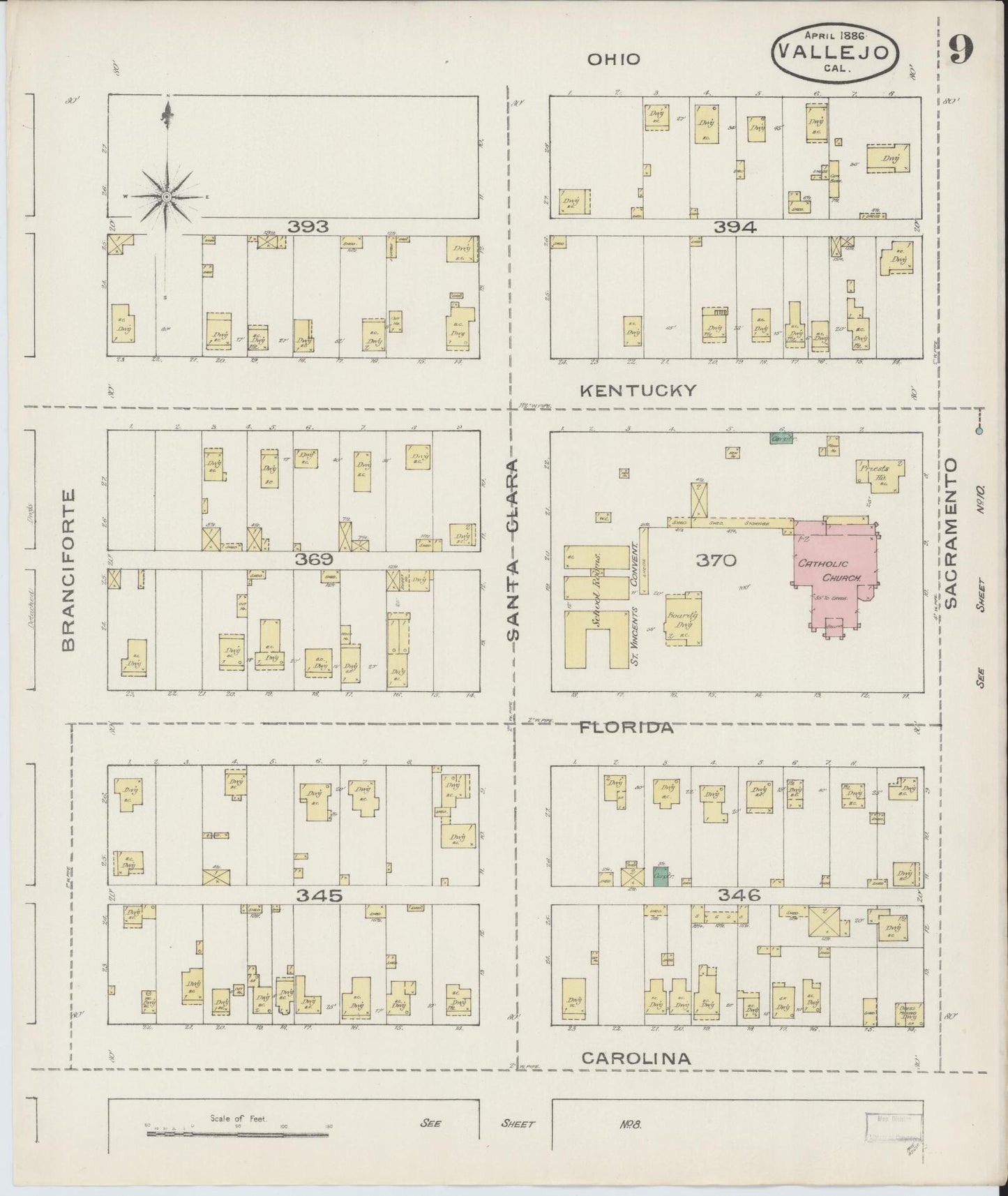 Sanborn Fire Insurance Map from Vallejo, Solano County, California (1886), Sheet #0009 - Complete Map Set gallery image, historic Sanborn map, vintage wall art, California California