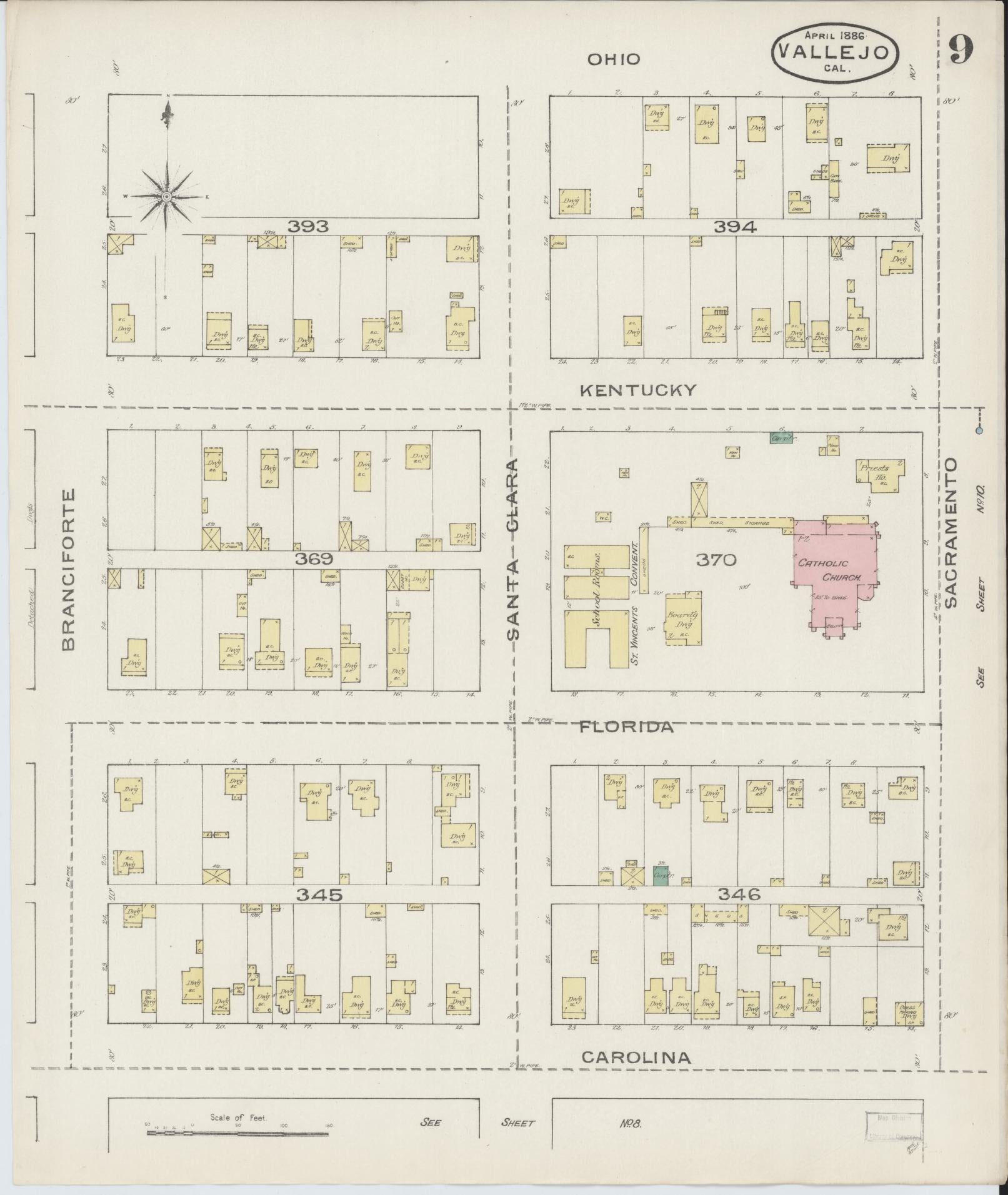 Sanborn Fire Insurance Map from Vallejo, Solano County, California (1886), Sheet #0009 - Complete Map Set gallery image, historic Sanborn map, vintage wall art, California California