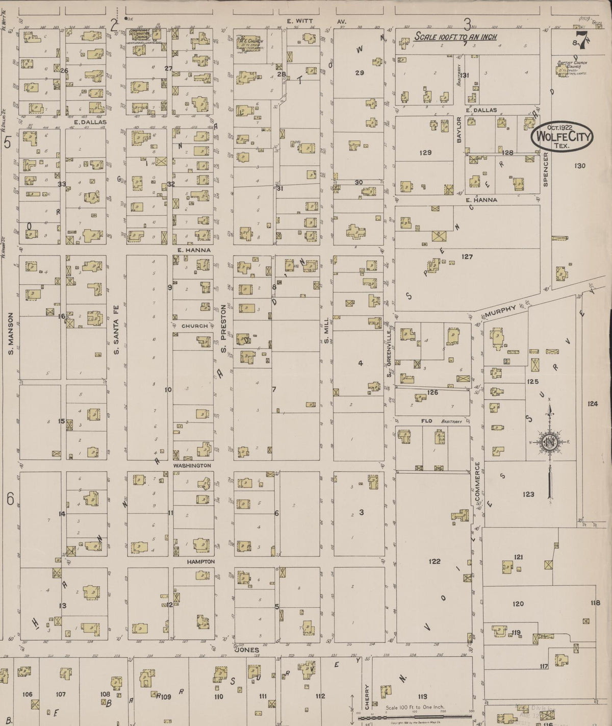Sanborn Fire Insurance Map from Wolfe City, Hunt County, Texas (1922), Sheet #0007 - Complete Map Set gallery image, historic Sanborn map, vintage wall art, Texas Texas