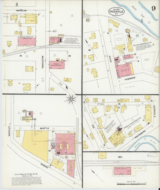 Sanborn Fire Insurance Map from Greenville, Greenville County, South Carolina (1902), Sheet #0009 - Historic Sanborn Fire Insurance Map Print, vintage old map wall art, antique decor, genealogy gift, South Carolina South Carolina map