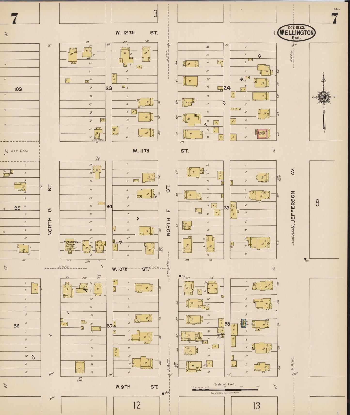 Sanborn Fire Insurance Map from Wellington, Sumner County, Kansas (1922), Sheet #0007 - Complete Map Set gallery image, historic Sanborn map, vintage wall art, Kansas Kansas