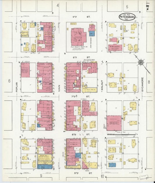 Sanborn Fire Insurance Map from Petersburg, Pike County, Indiana (1921), Sheet #0007 - Historic Sanborn Fire Insurance Map Print, vintage old map wall art, antique decor, genealogy gift, Indiana Indiana map