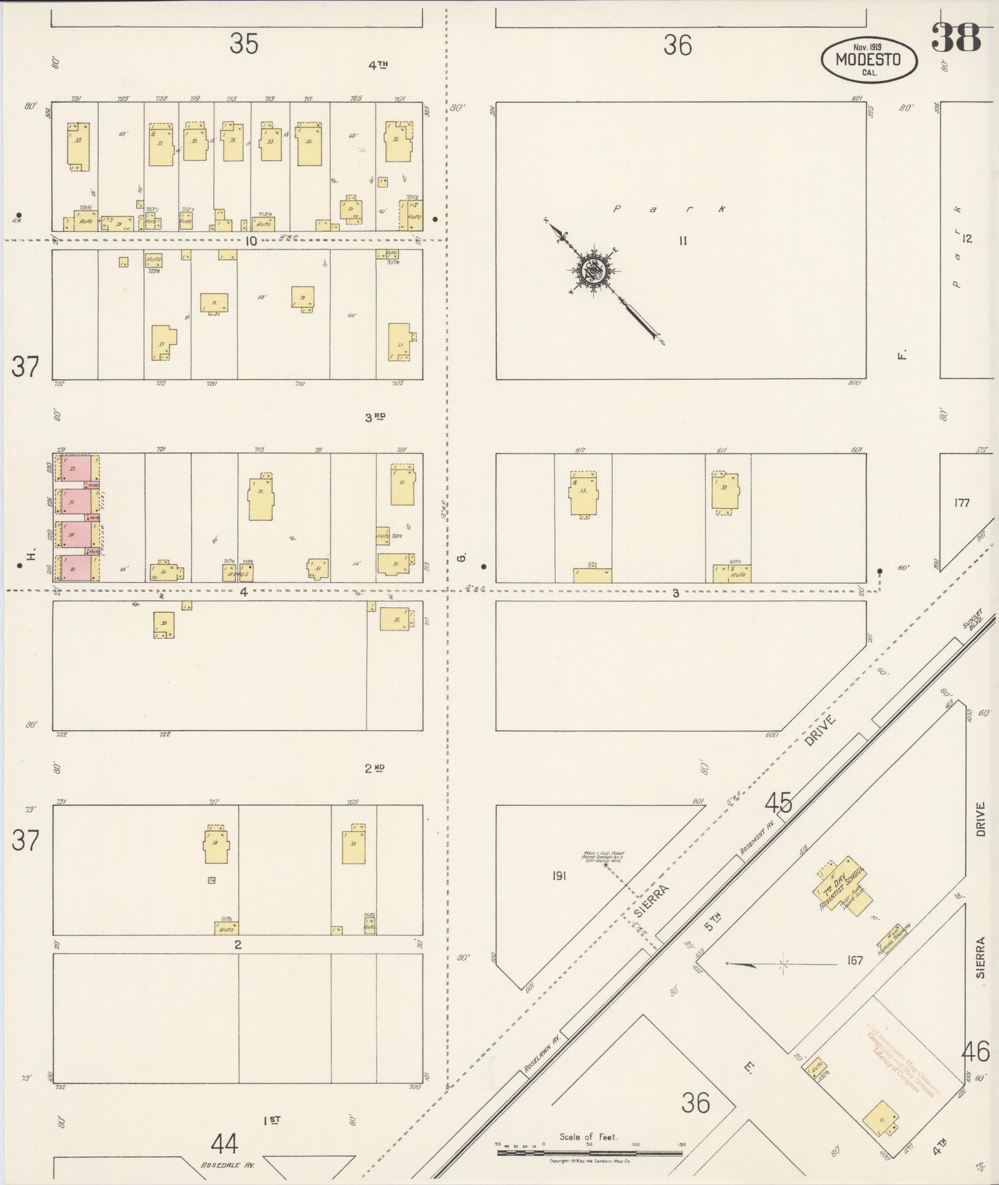 Sanborn Fire Insurance Map from Modesto, Stanislaus County, California (1919), Sheet #0038 - Complete Map Set gallery image, historic Sanborn map, vintage wall art, California California