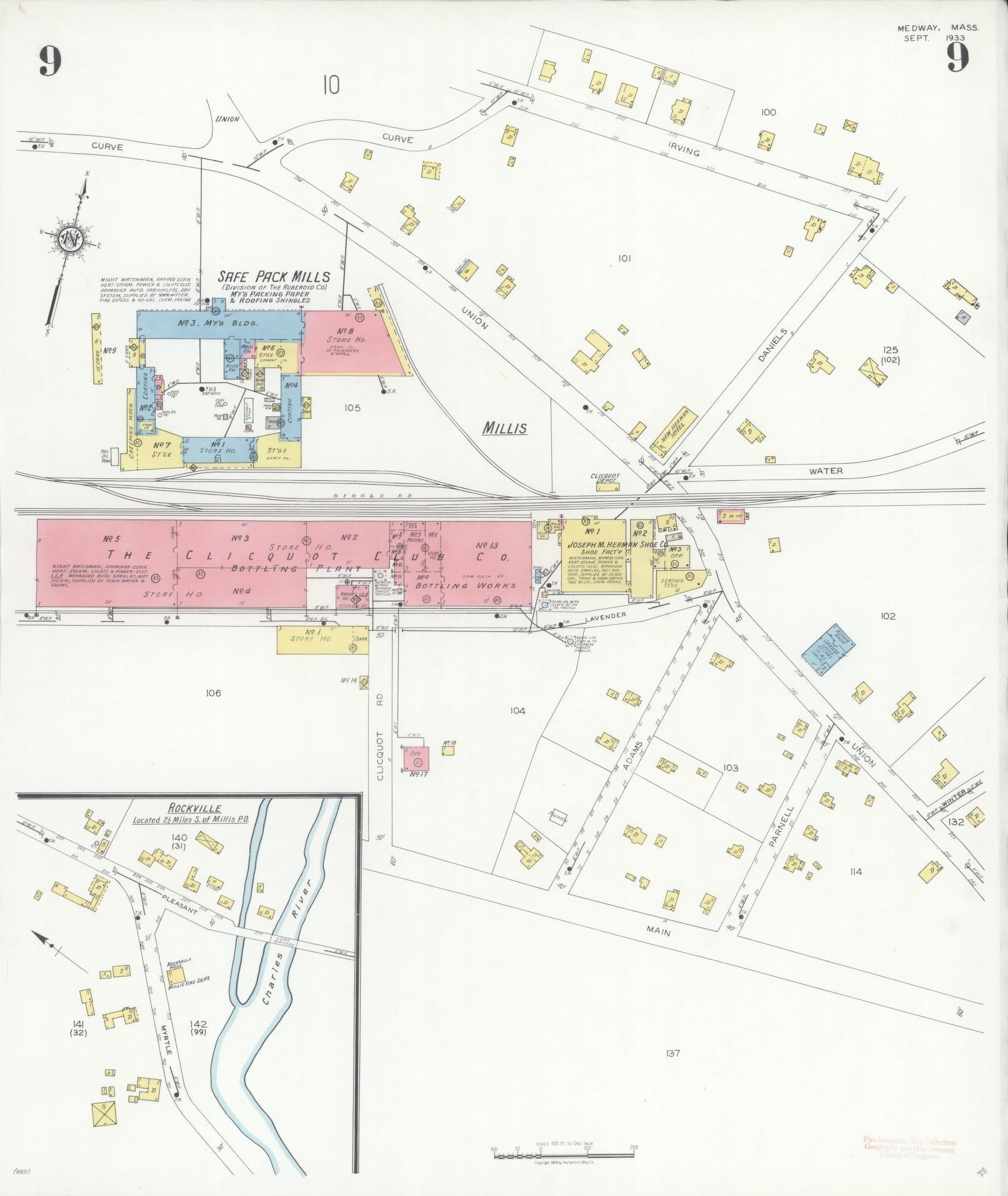Sanborn Fire Insurance Map from Medway, Norfolk County, Massachusetts (1933), Sheet #0009 - Historic Sanborn Fire Insurance Map Print, vintage old map wall art, antique decor, genealogy gift, Massachusetts Massachusetts map