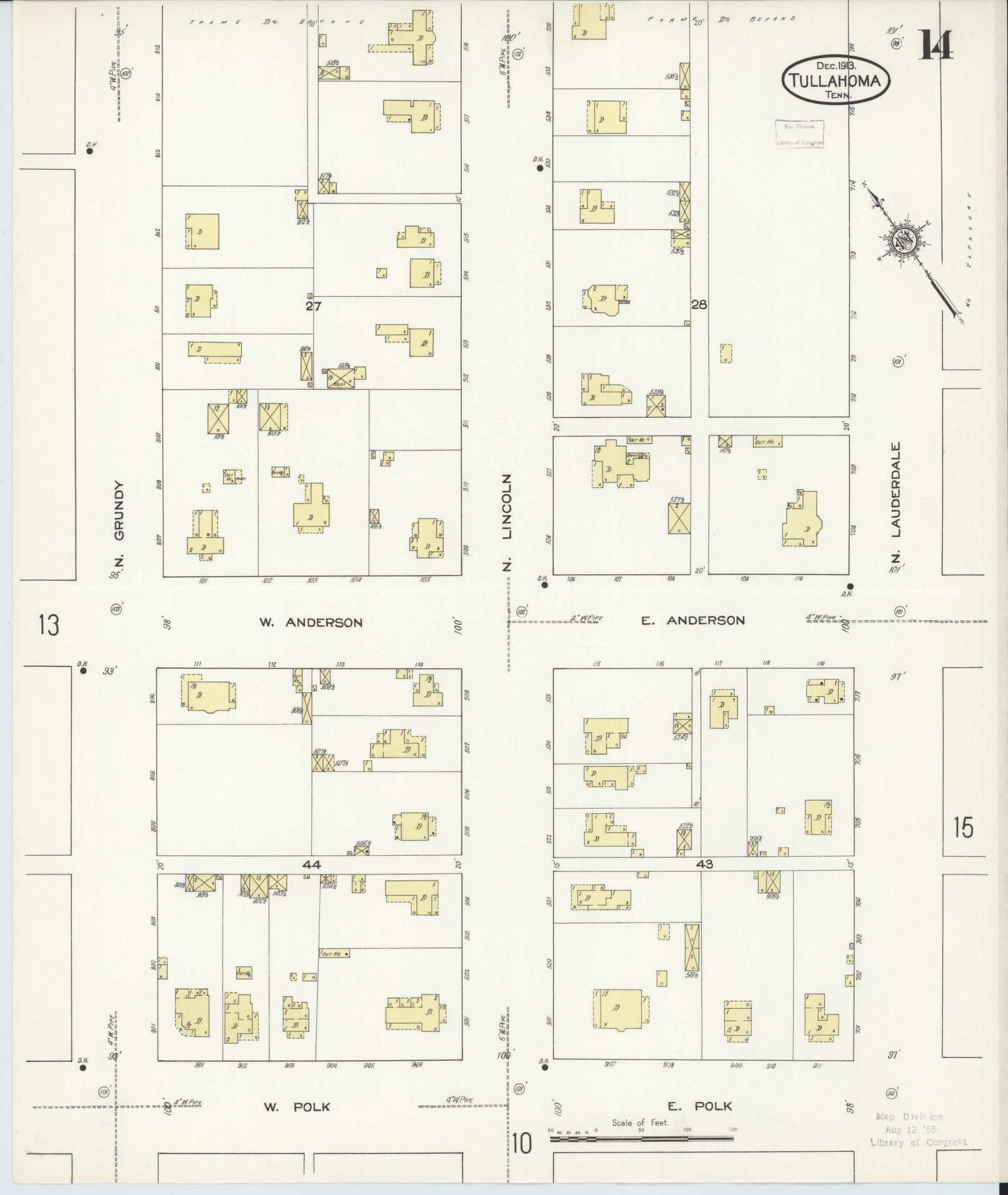 Sanborn Fire Insurance Map from Tullahoma, Coffee County, Tennessee (1913), Sheet #0014 - Complete Map Set gallery image, historic Sanborn map, vintage wall art, Tennessee Tennessee