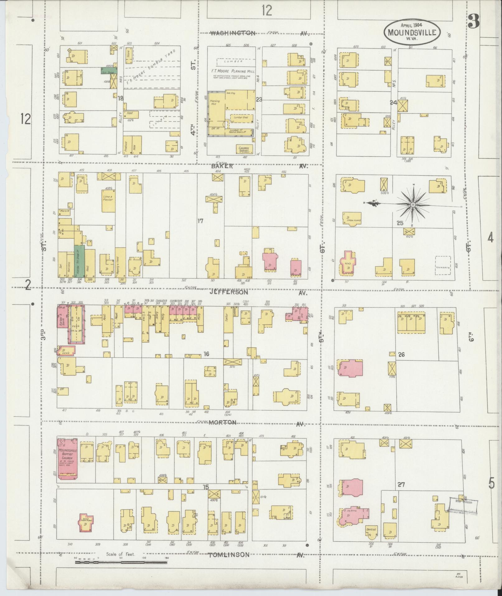 Sanborn Fire Insurance Map from Moundsville, Marshall County, West Virginia (1904), Sheet #0003 - Complete Map Set gallery image, historic Sanborn map, vintage wall art, West Virginia West Virginia