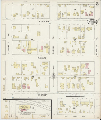 Sanborn Fire Insurance Map from Denison, Grayson County, Texas (1888), Sheet #0005 - Historic Sanborn Fire Insurance Map Print, vintage old map wall art, antique decor, genealogy gift, Texas Texas map