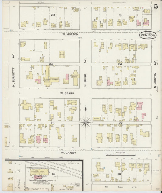 Sanborn Fire Insurance Map from Denison, Grayson County, Texas (1888), Sheet #0005 - Historic Sanborn Fire Insurance Map Print, vintage old map wall art, antique decor, genealogy gift, Texas Texas map