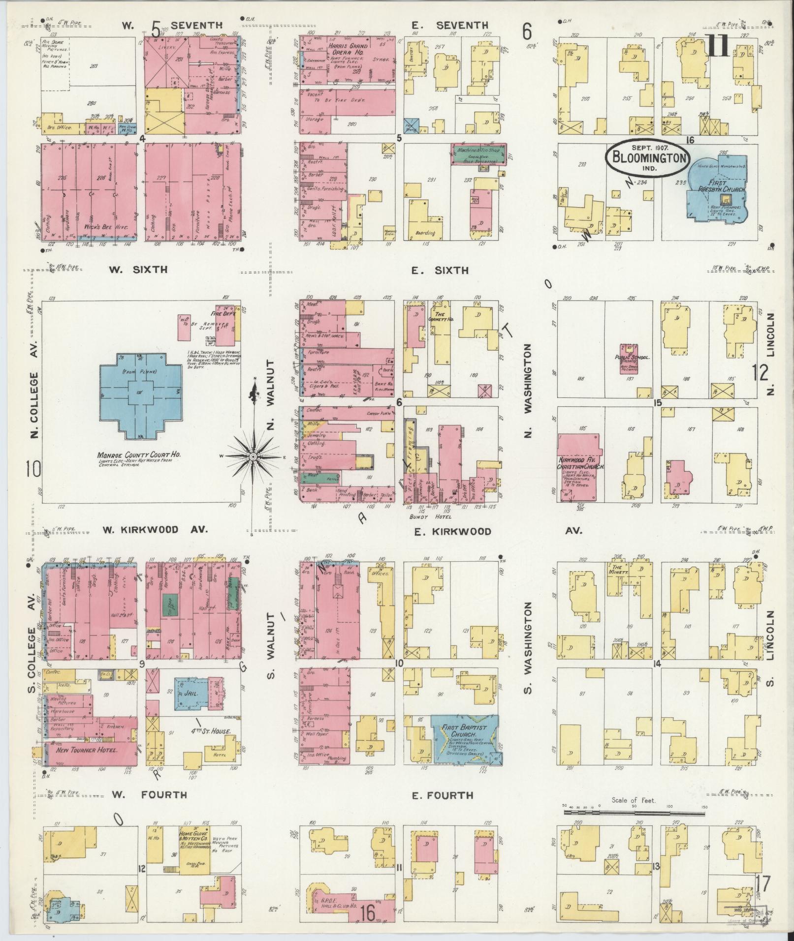 Sanborn Fire Insurance Map from Bloomington, Monroe County, Indiana (1907), Sheet #0011 - Historic Sanborn Fire Insurance Map Print, vintage old map wall art, antique decor, genealogy gift, Indiana Indiana map