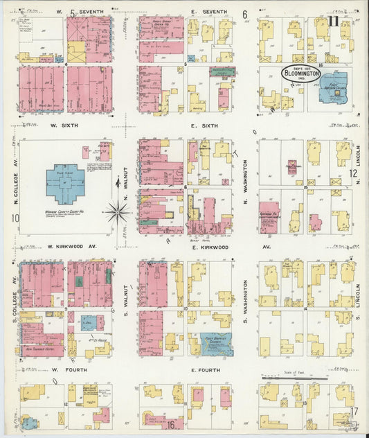 Sanborn Fire Insurance Map from Bloomington, Monroe County, Indiana (1907), Sheet #0011 - Historic Sanborn Fire Insurance Map Print, vintage old map wall art, antique decor, genealogy gift, Indiana Indiana map