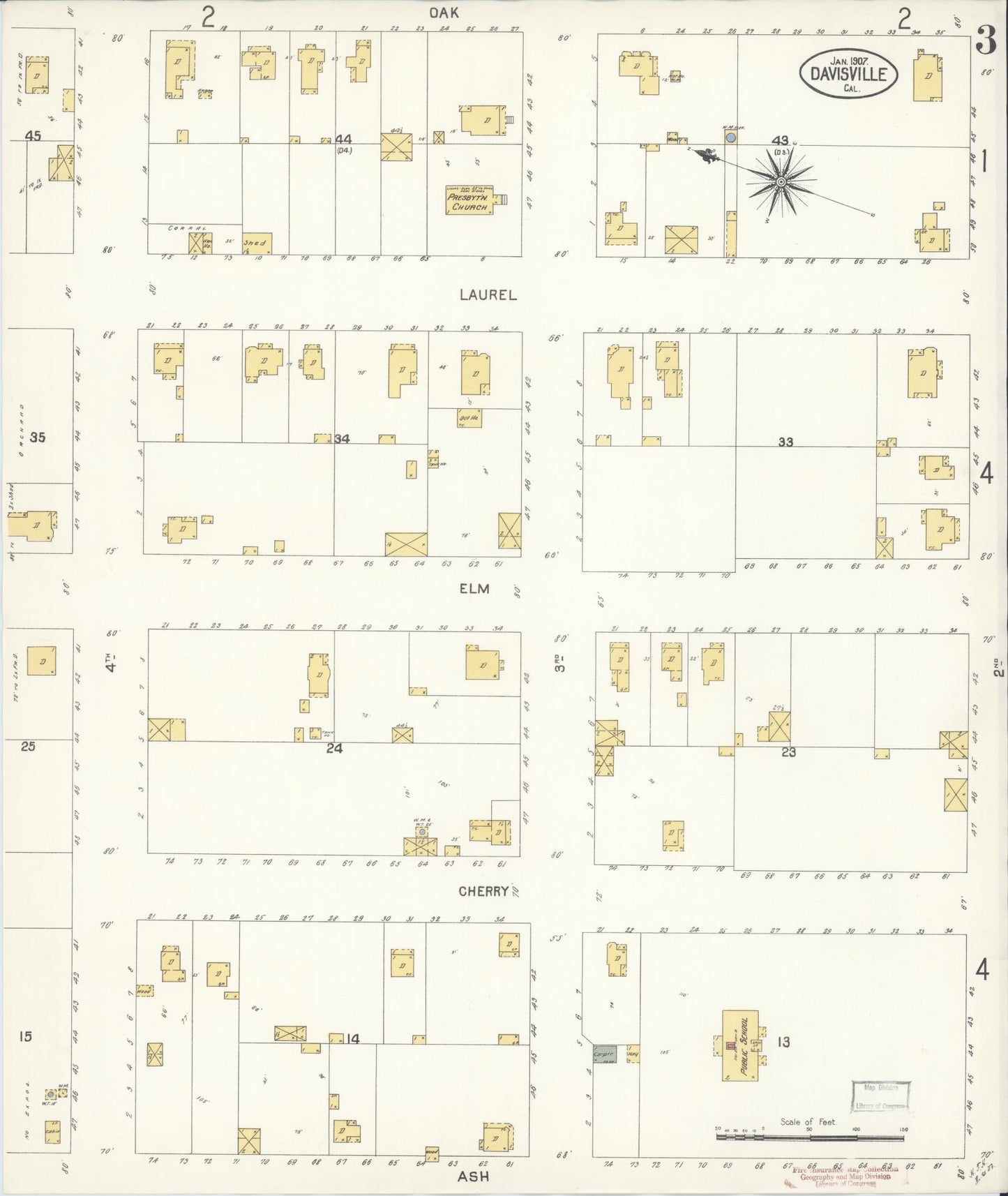 Sanborn Fire Insurance Map from Davis, Yolo County, California (1907), Sheet #0003 - Complete Map Set gallery image, historic Sanborn map, vintage wall art, California California