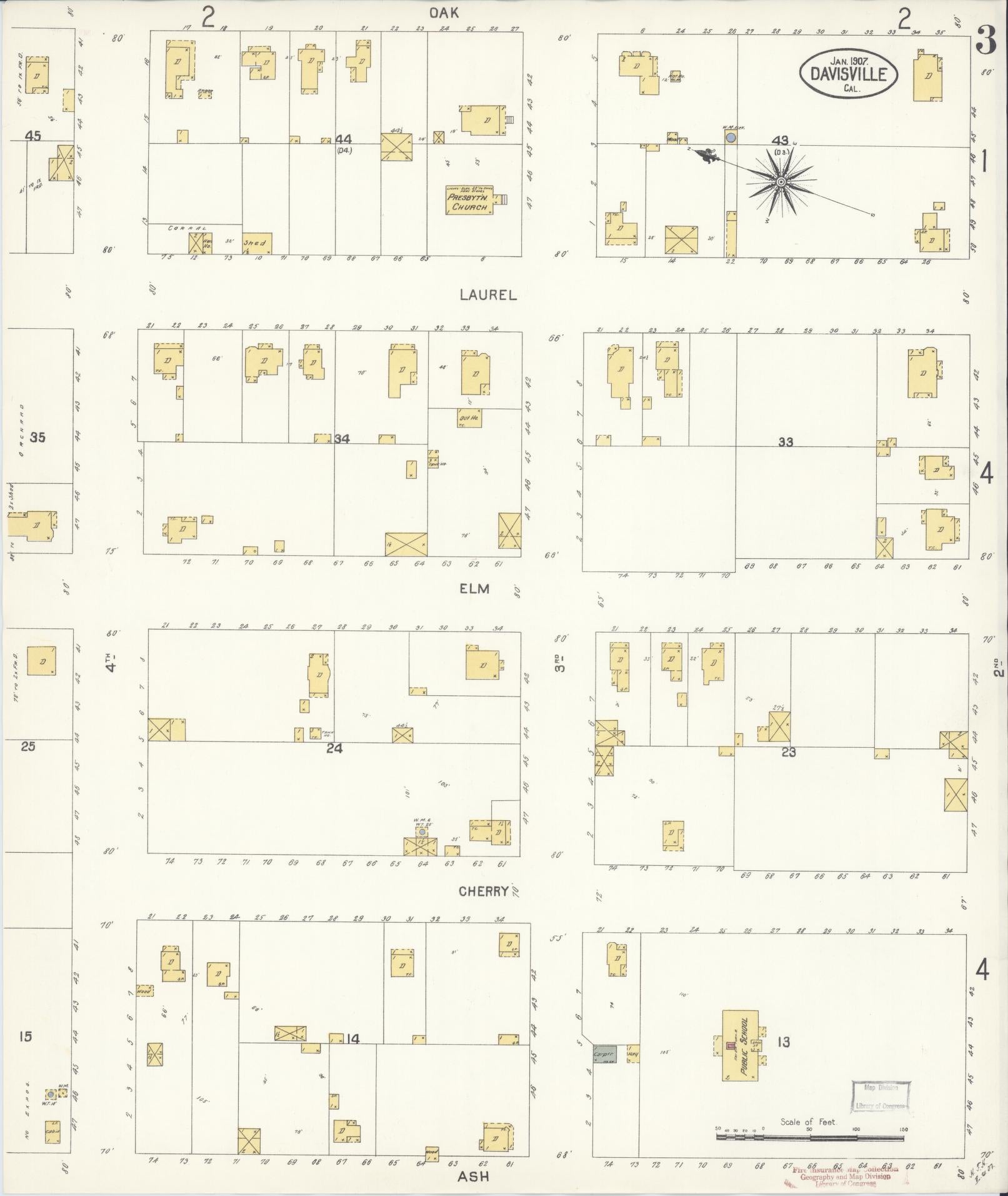 Sanborn Fire Insurance Map from Davis, Yolo County, California (1907), Sheet #0003 - Complete Map Set gallery image, historic Sanborn map, vintage wall art, California California