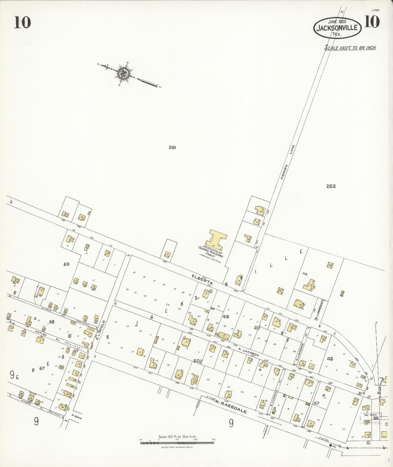 Sanborn Fire Insurance Map from Jacksonville, Cherokee County, Texas. (1923), Sheet 10 – Historic Sanborn Fire Insurance Map Print