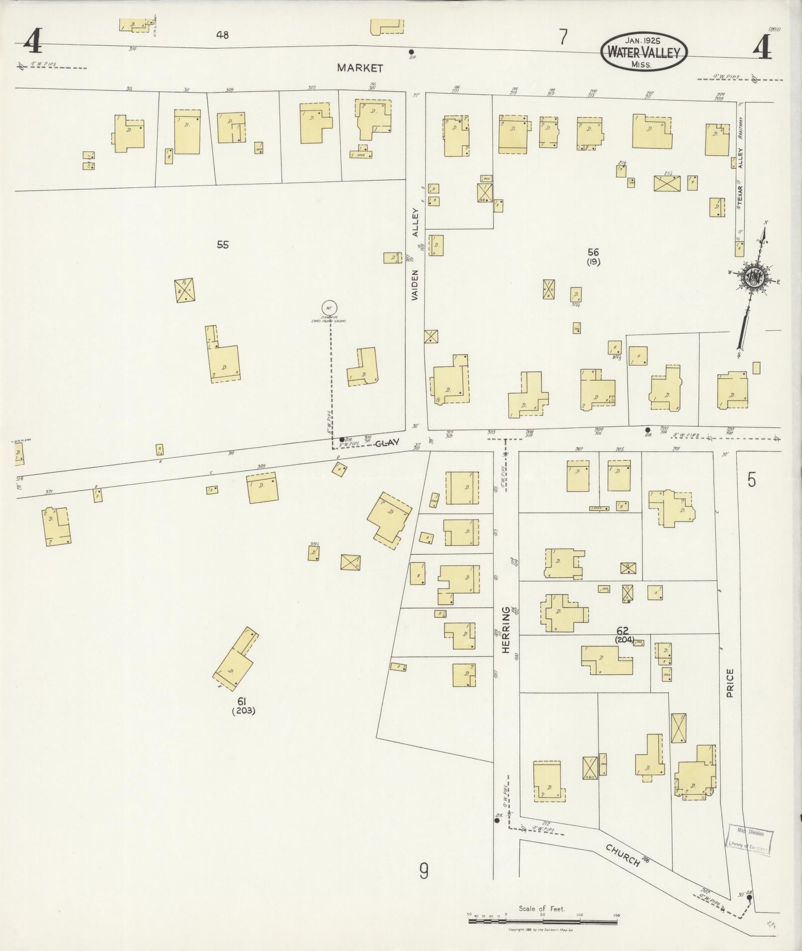 Sanborn Fire Insurance Map from Water Valley, Yalobusha County, Mississippi (1925), Sheet #0004 - Historic Sanborn Fire Insurance Map Print, vintage old map wall art, antique decor, genealogy gift, Mississippi Mississippi map